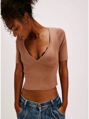 Free People Ribbed Deep V Crop Top- Teagan Swit Short Sleeve- Latte